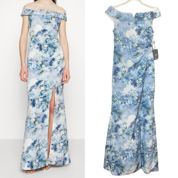 NWT ADRIANNA PAPELL DRESS FLORAL LONG MAXI GOWN ICE BLUE METALLIC EVENING FORMAL - Picture 1 of 13